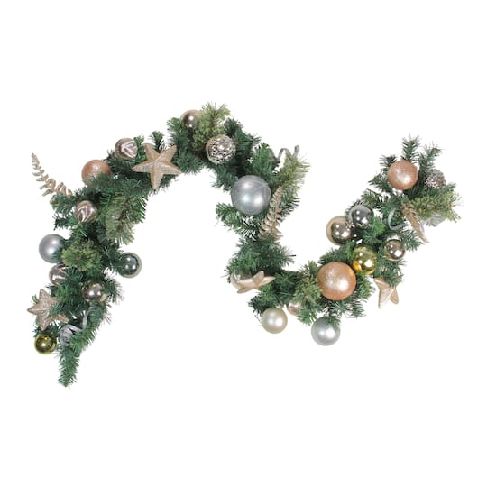 6ft. Green &#x26; Gold Pre-Decorated Ornaments with Stars Garland